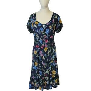 LAPIS Floral Midi Dress Short Sleeve Tiered Ruffle Blue Pink Cottagecore Size S